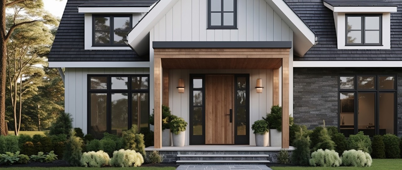 Front porch of a house with a large wooden door.